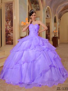 Sweetheart Organza Beaded and Ruched Quinceanera Dress with Hand Made Flower