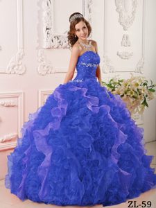 Blue Sweetheart Organza Quinceanera Gown Dress with Appliques and Beading