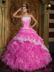 Pink Strapless Organza Quinceanera Dress with Ruffle Layers for Custom Made