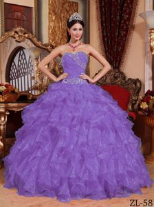 Purple Sweetheart Organza Beaded Dress for Quinceanera with Ruffled Layers