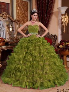 Olive Green Sweetheart Organza Beaded Quinceanera Dress with Ruffled Layer