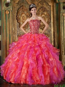 Attractive Multi-color Beaded and Ruffled Organza Quince Dress for Summer
