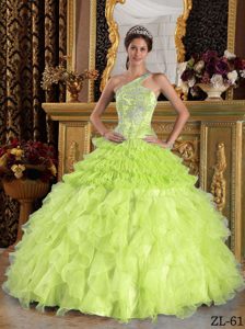Magnificent One Shoulder Beaded Lace-up Quinces Dresses in Yellow Green