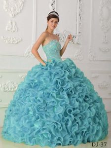 Unique Strapless Long Organza Blue Quinceanera Dress with Beading