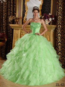 Sweet Apple Green Satin and Organza Embroidered Dresses for Quinceaneras