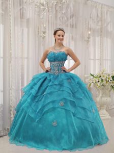 Fabulous Beaded Strapless Organza Lace-up Sweet 16 Dresses in Aqua Blue
