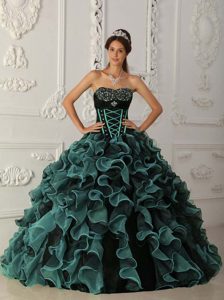 Discount Blue and Black Organza Beaded Quinceaneras Dresses under 250