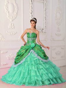 Luxurious Ruched Two-toned Green Organza and Quinceanera Gown