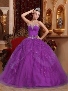 Impressive Purple Sweetheart Appliqued Quince Dresses with Lace-up Back