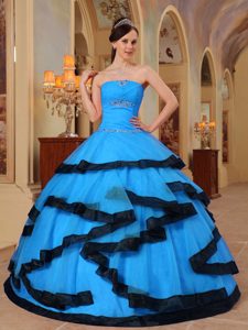 Romantic Lace-up Beaded Organza Dress for Quince in Aqua Blue and Black