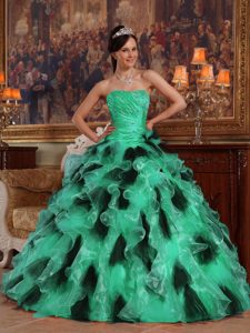 Luxurious Ruched and Beaded Quinces Dress in Green and Black with Ruffles