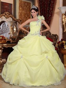 Sweet Light Yellow One Shoulder Long Organza Quinces Dress for Fall
