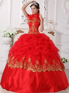 Beaded Halter Top Sweet Sixteen Quinceanera Dress in Red and Gold