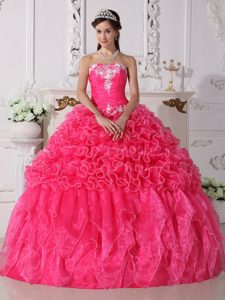 Memorable Strapless Hot Pink Embroidered Sweet 15 Dresses with Ruffles