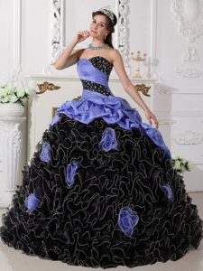 Special Lilac and Black Sweetheart Long Quinces Dress with Rolling Flowers