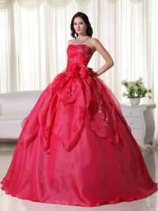 Attractive Strapless Appliqued Long Red Organza Dresses for Quince