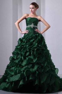 Dark Green Princess Ruched and Beaded Dress for Quince with Brush Train