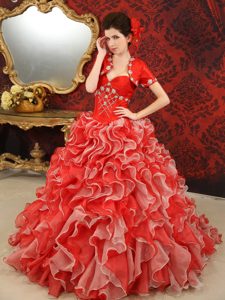 Popular Ruffled and Beaded Sweetheart Organza Quinceanera Gowns in Red