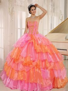 Rose Pink and Orange Organza Quinceanera Dresses with Ruffled Layers