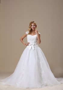 Pretty Square Bridal Dress with Cap Sleeves and Sash in Organza and Lace