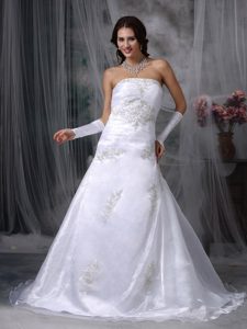Pretty A-line Strapless Court Train Bridal Dress in Organza with Appliques