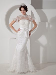 Fashionable High-neck Wedding Gown and Lace with Sash