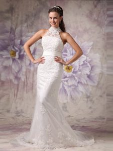 Beautiful Mermaid High-neck Court Train Lace Wedding Dress with Beading