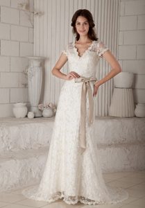 Perfect V-neck Brush Train Dresses for Wedding in Lace with Bow