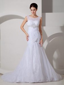 Scoop Court Train Mermaid Bridal Dress with Appliques and Ruches in Organza