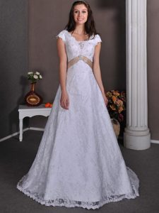 Pretty A-line Cap Sleeves Women Wedding Dress with Brown Sash and Bowknot