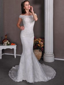 Clearance Off The Shoulder Mermaid Bridal Dress with Court Train and Buttons
