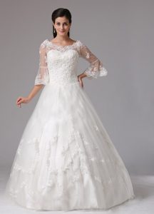 New A-line V-neck Outdoor Bridal Dresses with 3/4 Sleeves in Lace and Organza