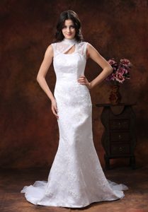 Discount Mermaid High-neck Bridal Wedding Dresses with Appliques and Cutout