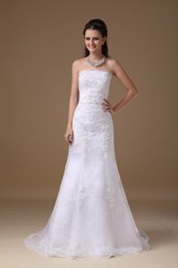 Best A-line Strapless Dress for Church Wedding with Bowknot and Sweep Train