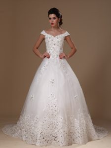 Off The Shoulder Outdoor Wedding Dress with Appliques and Beadings on Sale