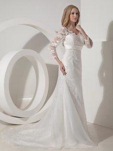Discount 2012 A-line V-neck Wedding Party Dresses with 3/4 Sleeves and Sash
