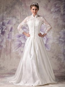 Stylish High-neck A-line Women Wedding Dress with Buttons and Long Sleeves