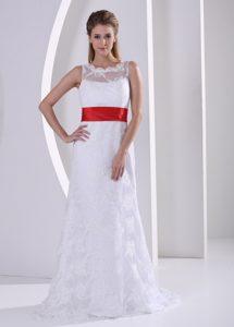 Bateau V-back Dress for Church Wedding with Red Sash and Bowknot