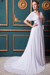 V-neck Court Train Outdoor Wedding Dress with Buttons and Ruches
