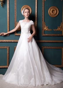 A-line Square Bridal Dresses in Organza and Lace with Buttons and Cap Sleeves