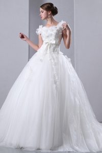 A-line V-back Bateau Bridal Wedding Dress in 2013 with Bowknot and Appliques