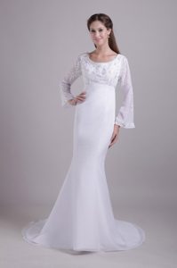 Scoop Mermaid Brush Train Dress for Wedding with Long Sleeves on Promotion