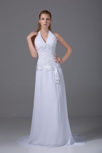 Best Halter-top Sweep Train Wedding Dress with Appliques and Sash