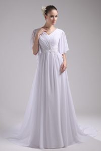V-neck Ruched Chiffon Garden Wedding Dress with Appliques and 1/2 Sleeves