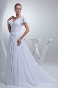 V-neck Short Sleeves Prom Wedding Dresses with Ruches and Beads