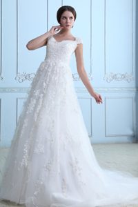 V-neck Cap Sleeves Prom Wedding Dresses and Lace with Court Train