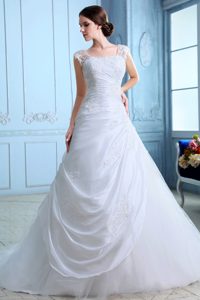 A-line Square Wedding Dresses with Appliques and Buttons and Taffeta