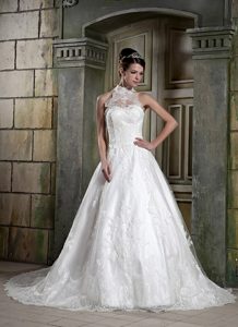 Sheer High-neck Wedding Dress for Ladies with Chapel Train and Lace Up Back