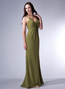 Olive Green V-neck Lace-up Charming Maid of Honor Dress for Fall