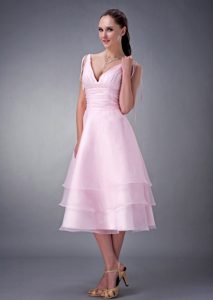 Baby Pink V-neck Best Seller Ruched Bridemaid Dress for Summer Wedding